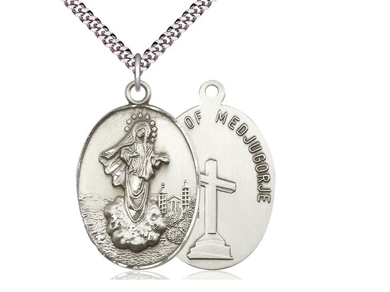 Bliss Sterling Silver Our Lady of Medugorje Pendant on a 24 inch Light Rhodium Heavy Curb Chain,