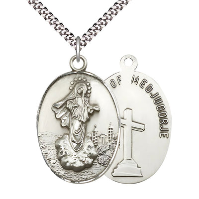 Our Lady of Medugorje Sterling Silver 1 3/8-inch Pendant on a 24 inch Light Rhodium Heavy Curb Chain, Bliss Manufacturing