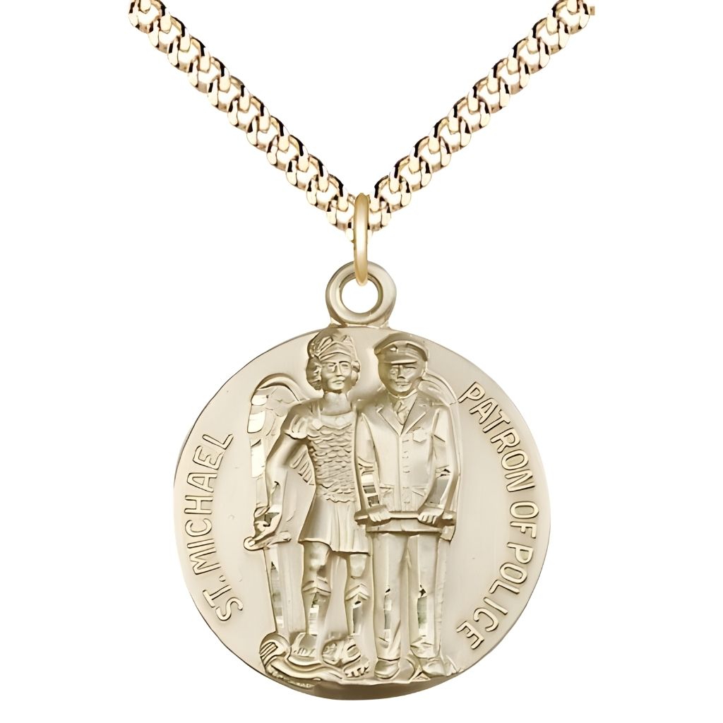Police Officer and St. Michael the Archangel 14kt Gold-filled Round Medal Pendant with Gold-plated Chain, Made in USA by Bliss, Measures 1-inch tall by 7/8-inch wide.