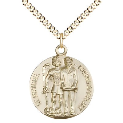 Police Officer and St. Michael the Archangel 14kt Gold-filled Round Medal Pendant with Gold-plated Chain, Measures 1-inch tall by 7/8-inch wide, Bliss Manufacturing