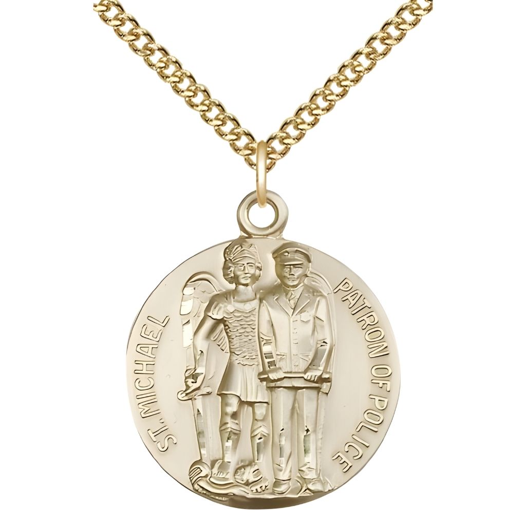 Police Officer and St. Michael the Archangel 14kt Gold-filled Round Medal Pendant with Gold-filled Chain, Made in USA by Bliss, Measures 1-inch tall by 7/8-inch wide.