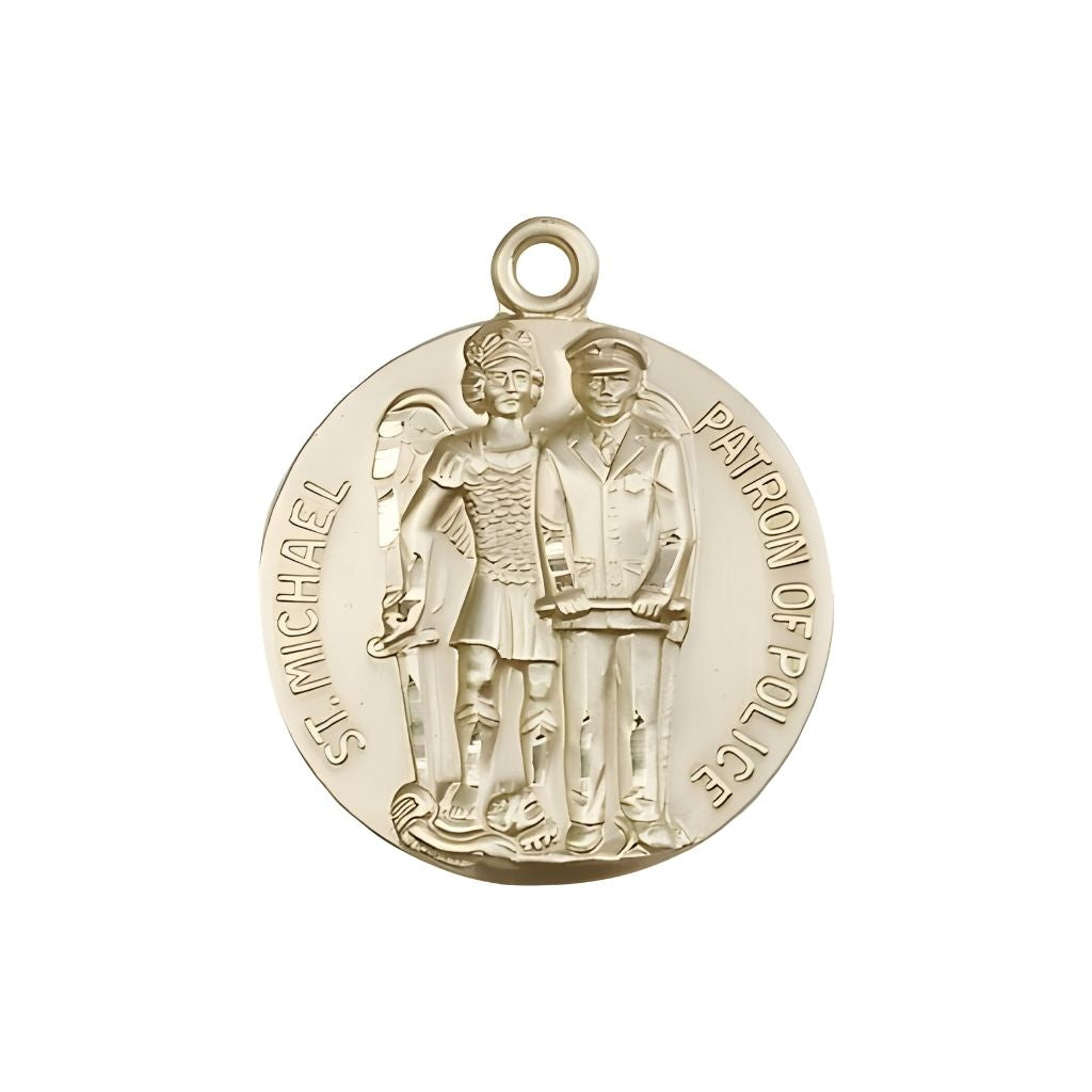 Bliss Police Officer and St. Michael the Archangel 14kt Gold Round Medal Pendant. Made in USA by Bliss, Measures 1-inch tall by 7/8-inch wide.