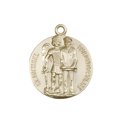 Police Officer and St. Michael the Archangel 14kt Gold Round Medal Pendant., Measures 1-inch tall by 7/8-inch wide, Bliss Manufacturing