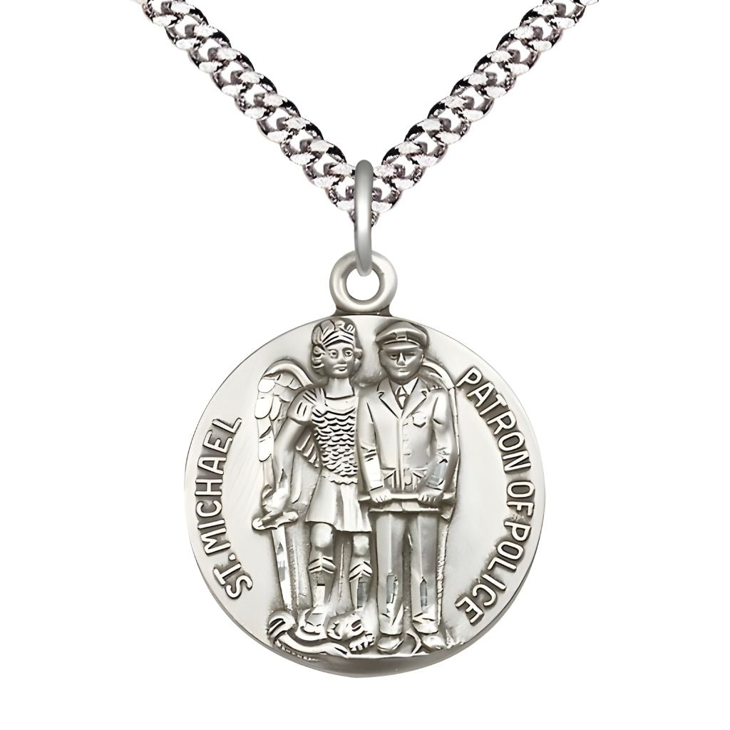 Police Officer and St. Michael the Archangel Sterling Silver Round Medal Pendant with Rhodium-plated Chain, Made in USA by Bliss, Measures 1-inch tall by 7/8-inch wide.