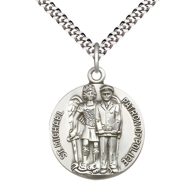 Police Officer and St. Michael the Archangel Sterling Silver Round Medal Pendant with Rhodium-plated Chain, Measures 1-inch tall by 7/8-inch wide, Bliss Manufacturing