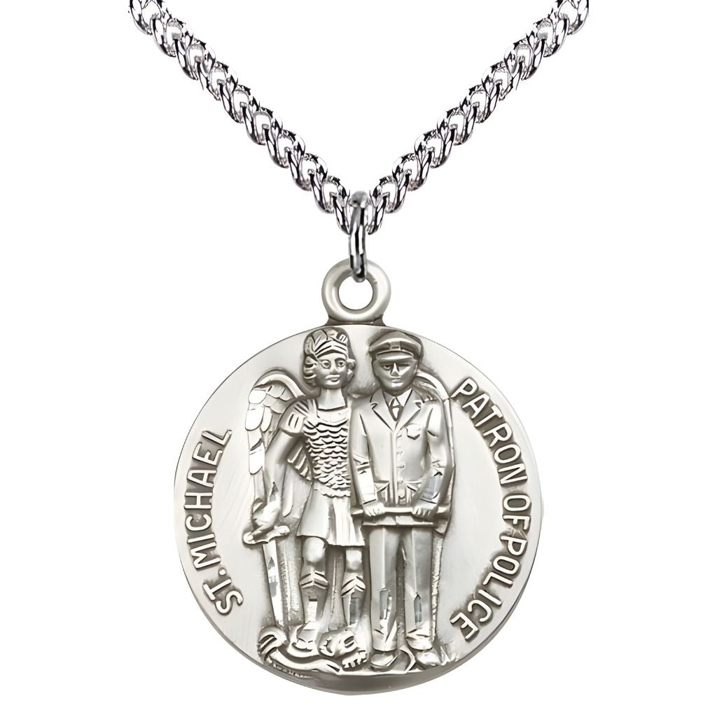 Police Officer and St. Michael the Archangel Sterling Silver Round Medal Pendant with Sterling Silver Chain, Made in USA by Bliss, Measures 1-inch tall by 7/8-inch wide.