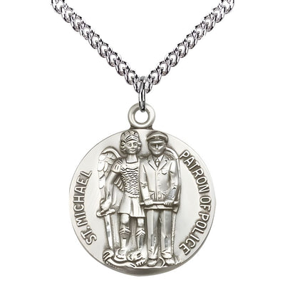 Police Officer and St. Michael the Archangel Sterling Silver Round Medal Pendant with Sterling Silver Chain, Measures 1-inch tall by 7/8-inch wide, Bliss Manufacturing