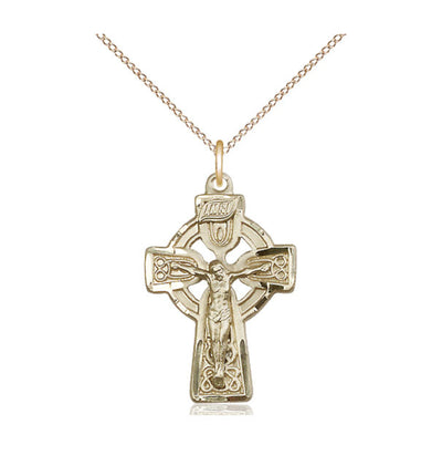 14kt Gold Filled Celtic Crucifix Pendant on a 18 inch Gold Filled Light Curb Chain, Bliss Manufacturing