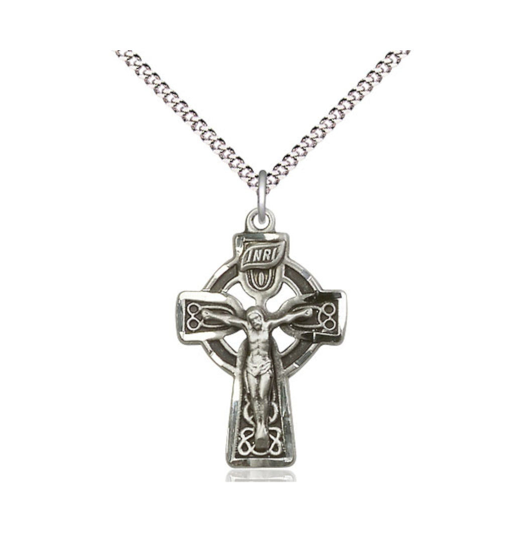 Bliss Pewter Celtic Crucifix Pendant on a 18 inch Light Rhodium Light Curb Chain,