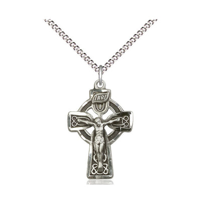 Pewter Celtic Crucifix Pendant on a 18 inch Light Rhodium Light Curb Chain, Bliss Manufacturing
