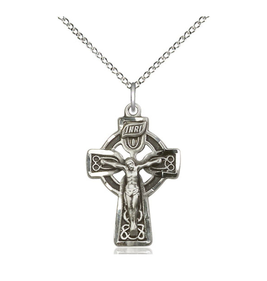 Bliss Sterling Silver Celtic Crucifix Pendant on a 18 inch Sterling Silver Light Curb Chain,