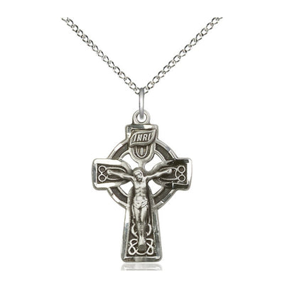 Sterling Silver Celtic Crucifix Pendant on a 18 inch Sterling Silver Light Curb Chain, Bliss Manufacturing