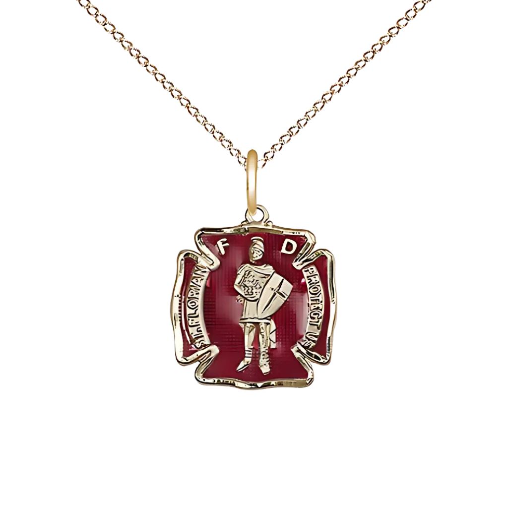 Bliss St. Florian Red Maltese Cross Small 14kt Gold-filled Medal Pendant with Gold-filled Chain, Measures 1/2-inch tall by 1/2 - inch wide