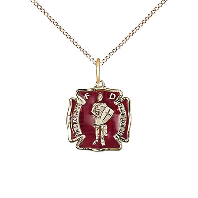 St. Florian Red Maltese Cross Small 14kt Gold Medal Pendant with 14kt Gold Chain, Measures 1/2-inch tall by 1/2 - inch wide, Bliss Manufacturing