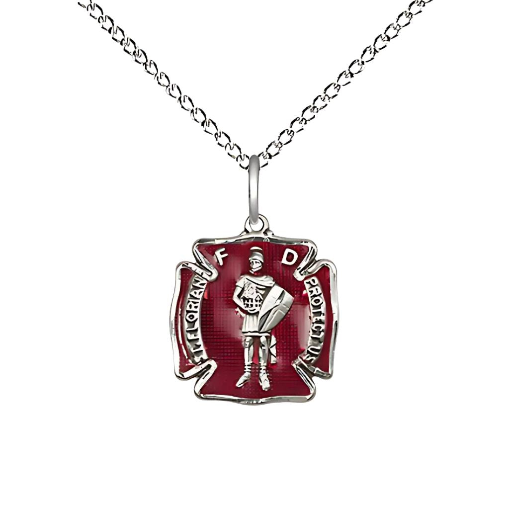 Bliss St. Florian Red Maltese Cross Small Sterling Silver Medal Pendant with Sterling Chain, Measures 1/2-inch tall by 1/2 - inch wide