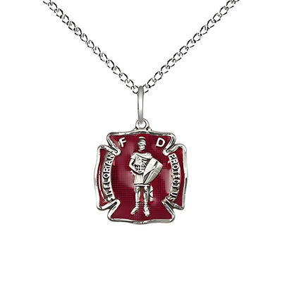 St. Florian Red Maltese Cross Small Sterling Silver Medal Pendant with Sterling Chain, Measures 1/2-inch tall by 1/2 - inch wide, Bliss Manufacturing