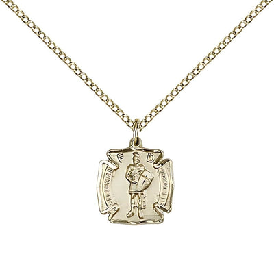 St. Florian Maltese Cross Small 14kt Gold-filled Medal Pendant with Gold-filled Chain, Measures 1/2-inch tall by 1/2 - inch wide, Bliss Manufacturing
