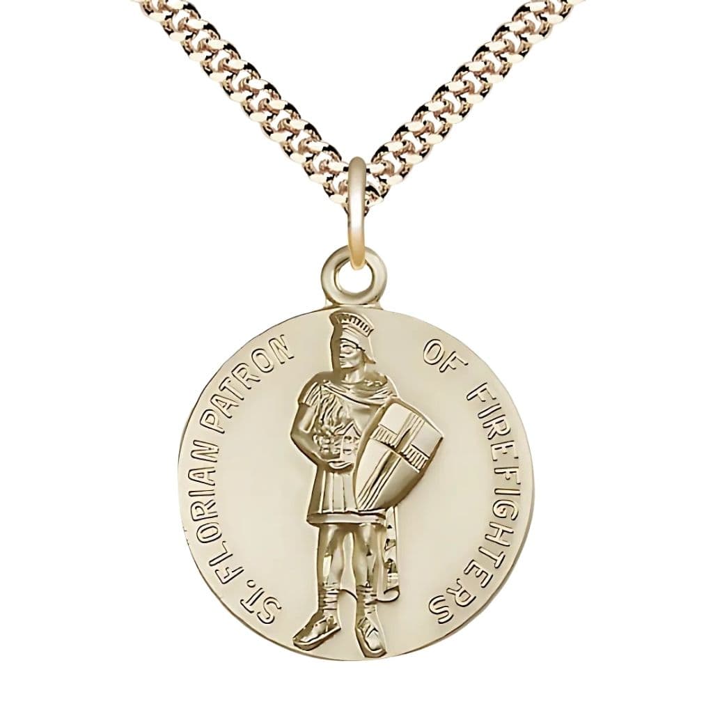 Bliss St. Florian Patron Saint of Firefighter Gold-filled Round Medal with Gold-plated Chain, Measures 1-inch tall by 7/8-inch wide