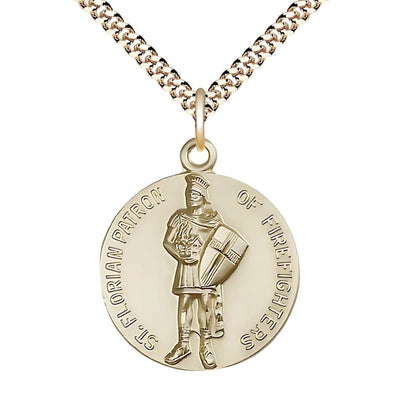 St. Florian Patron Saint of Firefighter Gold-filled Round Medal with Gold-plated Chain, Measures 1-inch tall by 7/8-inch wide, Bliss Manufacturing