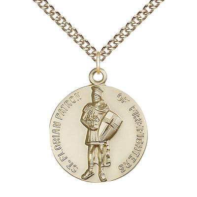 St. Florian Patron Saint of Firefighter Gold-filled Round Medal with Gold-filled Chain, Measures 1-inch tall by 7/8-inch wide, Bliss Manufacturing