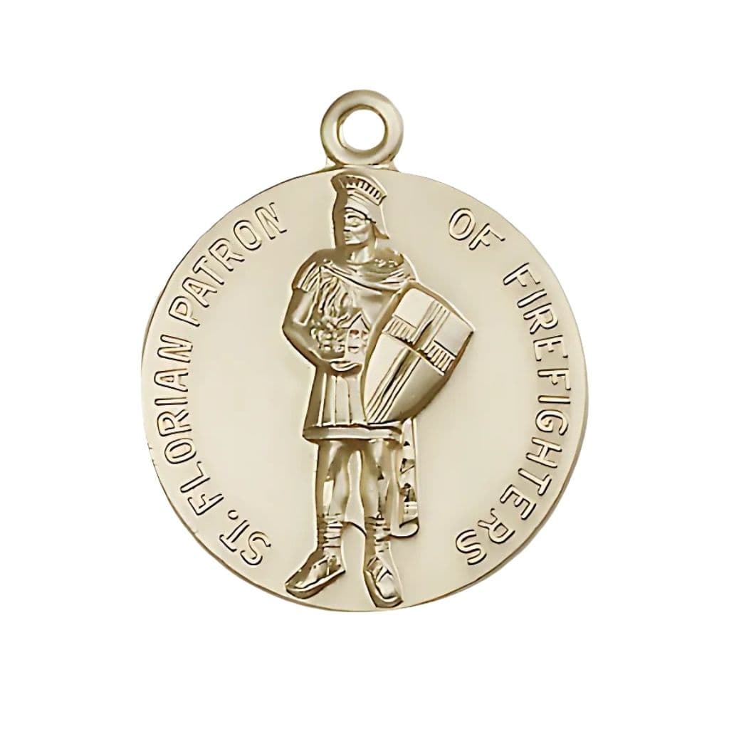 Bliss St. Florian Firefighter 14kt Gold Round Medal, Medal Measures 1-inch tall by 7/8-inch wide.