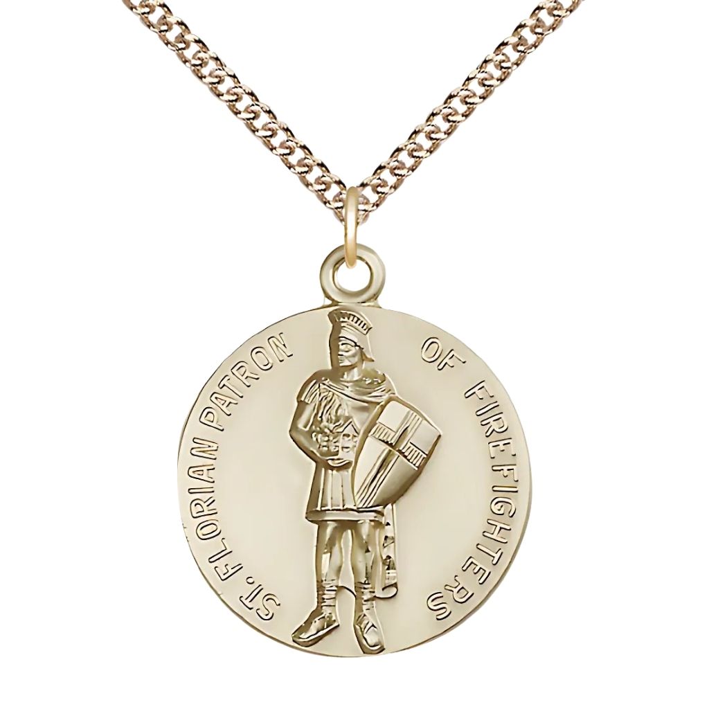 Bliss St. Florian Firefighter 14kt Gold Round Medal with 14kt Gold Chain, Medal Measures 1-inch tall by 7/8-inch wide.