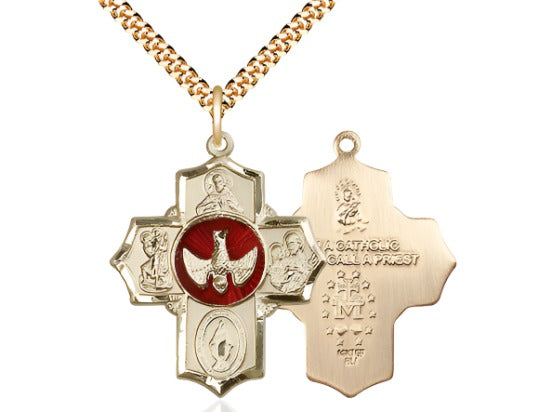 Bliss Red Scapular Gold-filled 5-Way Cross Medal Pendant w/Plated Chain