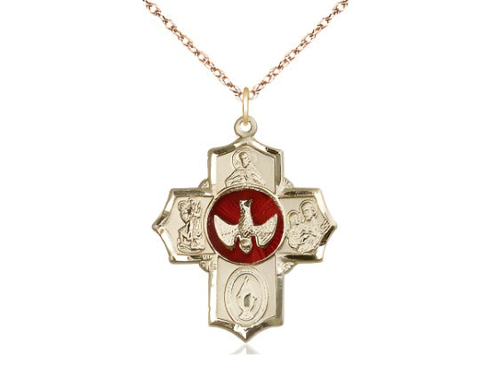 Bliss Red Scapular Gold-filled 5-Way Cross Medal Pendant w//Gold-filled Rope Chain