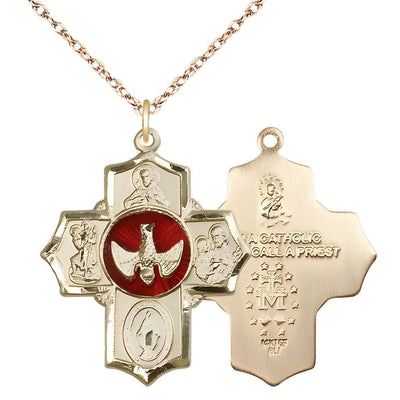 Red Holy Spirit and Scapular Gold-filled 5-Way Cross Medal Pendant w//Gold-filled Rope Chain, Bliss Manufacturing