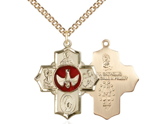 Bliss Red Scapular Gold-filled 5-Way Cross Medal Pendant w//Gold-filled Curb Chain