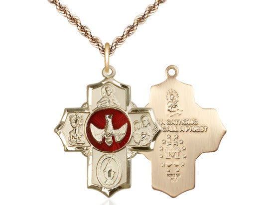 Bliss Red Scapular Gold-filled 5-Way Cross Medal Pendant w//Gold-filled French Rope Chain