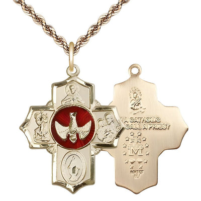 Red Holy Spirit and Scapular Gold-filled 5-Way Cross Medal Pendant w//Gold-filled French Rope Chain, Bliss Manufacturing