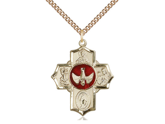 Bliss Red Scapular 14kt Gold 5-Way Cross Medal Pendant