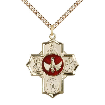 Red Holy Spirit and Scapular 14kt Gold 5-Way Cross Medal Pendant with 14kt Gold Curb Chain, Bliss Manufacturing