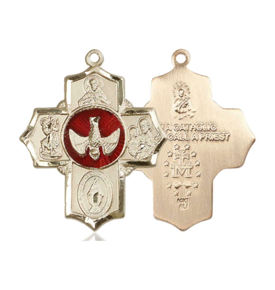 Bliss Red Scapular 14kt Gold 5-Way Cross Medal Pendant