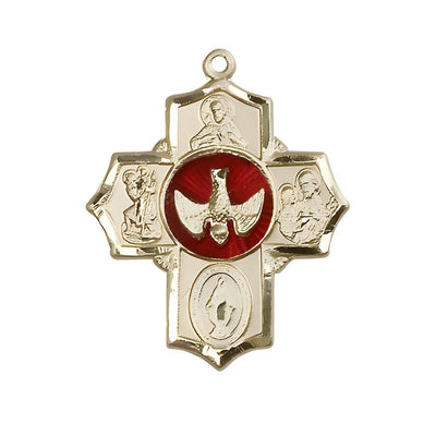 Red Holy Spirit and Scapular 14kt Gold 5-Way Cross Medal Pendant, Bliss Manufacturing