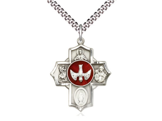 Bliss Red Scapular Sterling Silver 5-Way Cross Medal Pendant w/Plated Curb Chain,