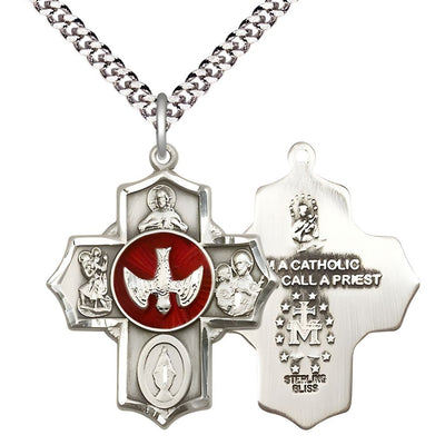 Red Holy Spirit and Scapular Sterling Silver 5-Way Cross Medal Pendant w/Plated Curb Chain, Bliss Manufacturing