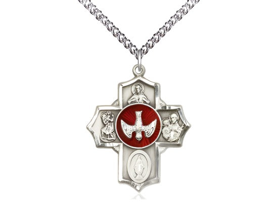 Bliss Red Scapular Sterling Silver 5-Way Cross Medal Pendant w/Sterling Curb Chain,