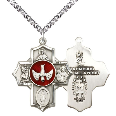 Red Holy Spirit and Scapular Sterling Silver 5-Way Cross Medal Pendant w/Sterling Curb Chain, Bliss Manufacturing