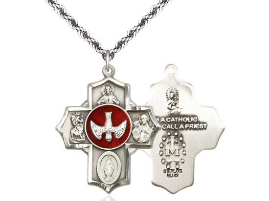 Bliss Red Scapular Sterling Silver 5-Way Cross Medal Pendant w/Plated Rope Chain,