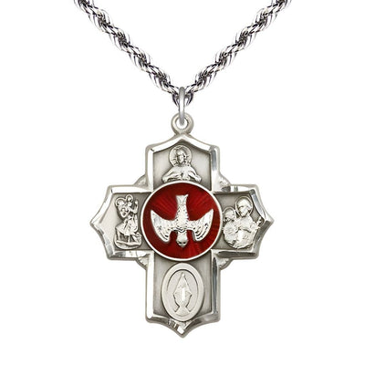 Red Holy Spirit and Scapular Sterling Silver 5-Way Cross Medal Pendant w/Plated Rope Chain, Bliss Manufacturing