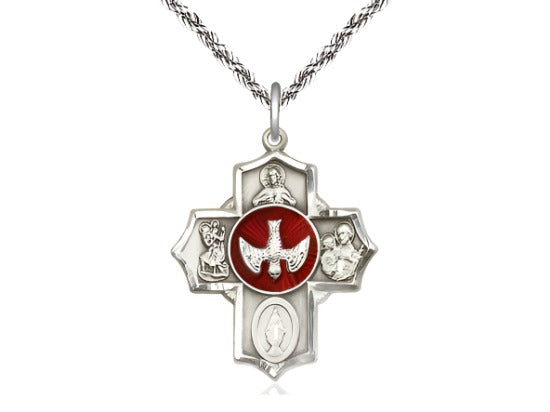 Bliss Red Scapular Sterling Silver 5-Way Cross Medal Pendant w/Sterling Rope Chain,