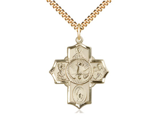 Sacred Heart Scapular Gold-filled 5-Way Cross Medal Pendant w/Plated Chain