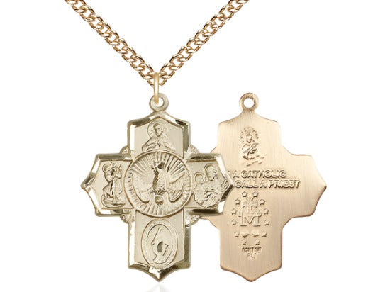 Sacred Heart Scapular Gold-filled 5-Way Cross Medal Pendant w/Gold-filled Curb Chain