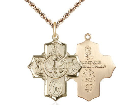 Sacred Heart Scapular Gold-filled 5-Way Cross Medal Pendant w/Gold-filled French Rope Chain