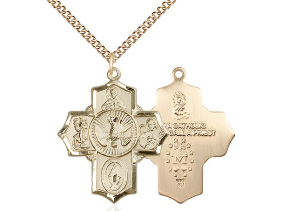 Bliss Sacred Heart Scapular 14kt Gold 5-Way Cross Medal w/14kt Gold Curb  Chain.