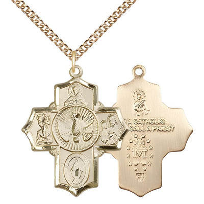 Holy Spirit and Scapular 14kt Gold 5-Way Cross Medal w/14kt Gold Curb Chain, Bliss Manufacturing