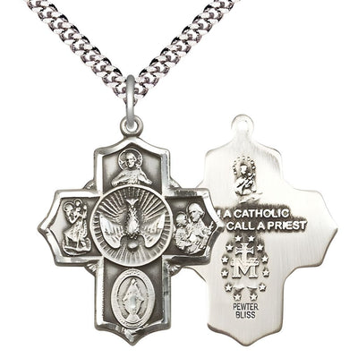 Holy Spirit and Scapular Pewter 5-Way Pendant on a 24 inch Light Rhodium Heavy Curb Chain, Bliss Manufacturing