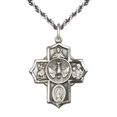 Holy Spirit and Scapular Pewter 5-Way Pendant on a 20 inch Rhodium French Rope Chain, Bliss Manufacturing
